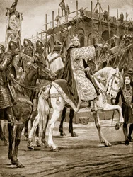 Edward Wyznawca obserwujący budowę Opactwa Westminsterskiego, pierwszego normańskiego kościoła wzniesionego w Anglii, ilustracja z "Hutchinson